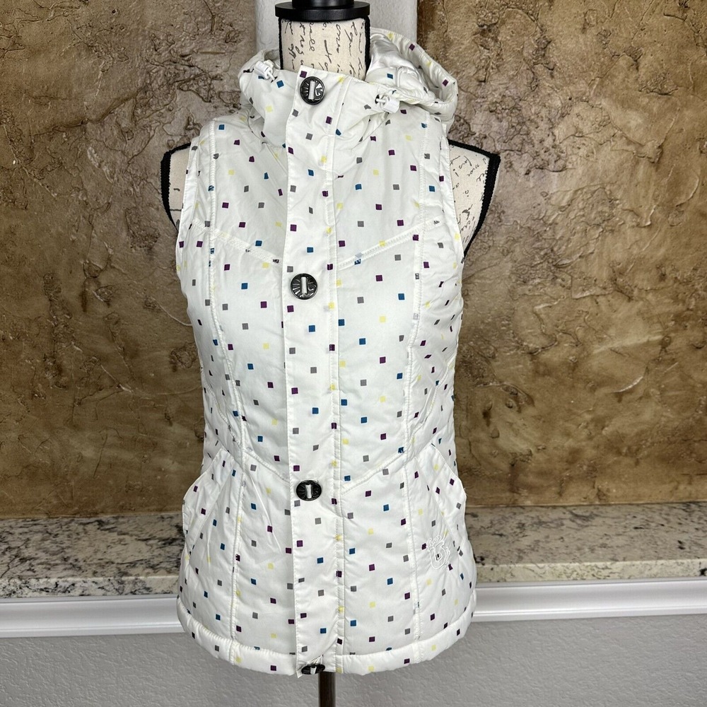 Burton Dryride Sly Puffy Vest Women's XS White Polka Dot Hooded Puffer Ski